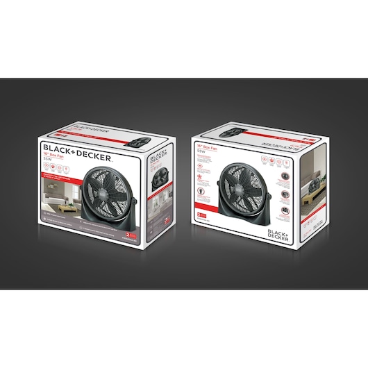 BLACK+DECKER FB1620SA box fan packaging, showing 16 inch black fan with protective grille, angled on white background.