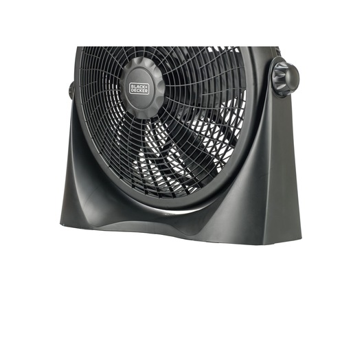 Photo of BLACK+DECKER FB1620 black table fan with front view, featuring round grill and side speed control knob.