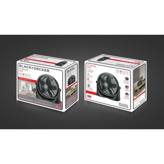 Photo of two BLACK+DECKER 16" Box Fan FB1620 packages on a dark background, showing front and angled side views.