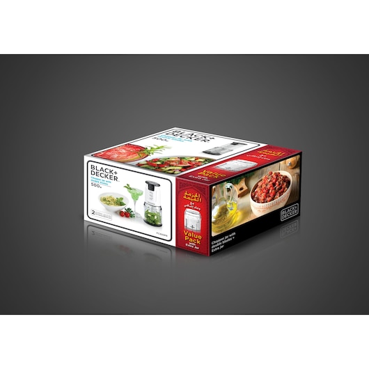 Photo of BLACK+DECKER FC300PR chopper box with chopper image, food illustrations, and value pack details, angled view.