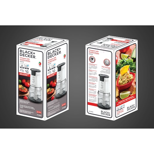 Photo of BLACK+DECKER FC300 food chopper packaging with product images, features, and food photos visible.