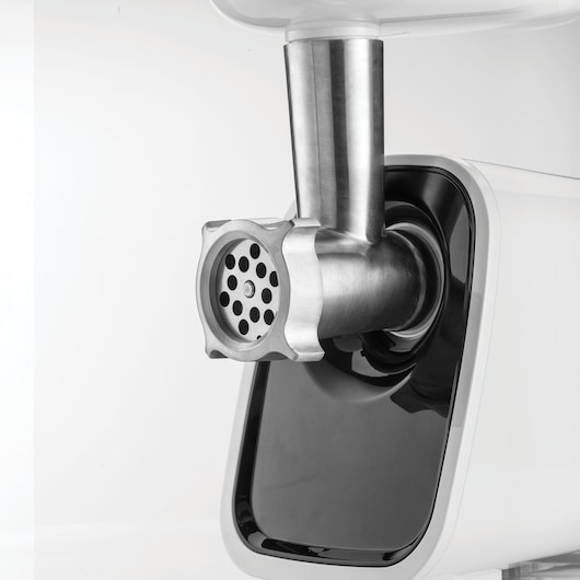 BLACKDECKER FM1500 electric meat grinder, stainless steel and black, side angle on white background.