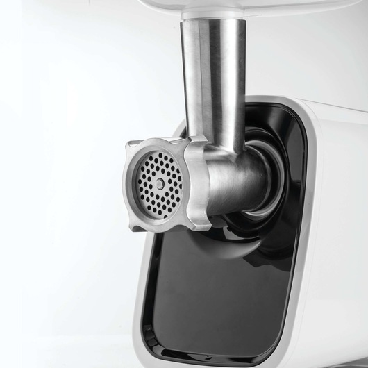 BLACKDECKER FM1500 electric meat grinder front view, stainless steel grinder attachment with black and white housing.