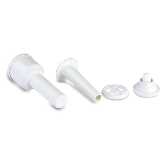 BLACKDECKER FM3000 white plastic food processor attachments, side angle on white background.