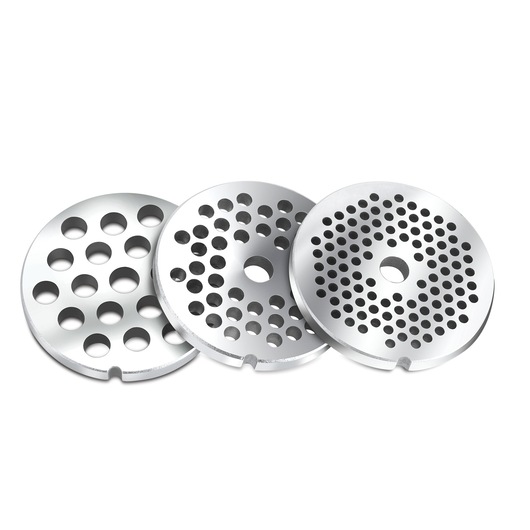 BLACKDECKER FM3000 photography of three metal meat grinder discs with different hole sizes, front angle.