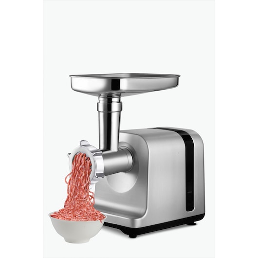 BLACKDECKER FM3000 meat grinder side view with ground meat dispensing into bowl on white background.