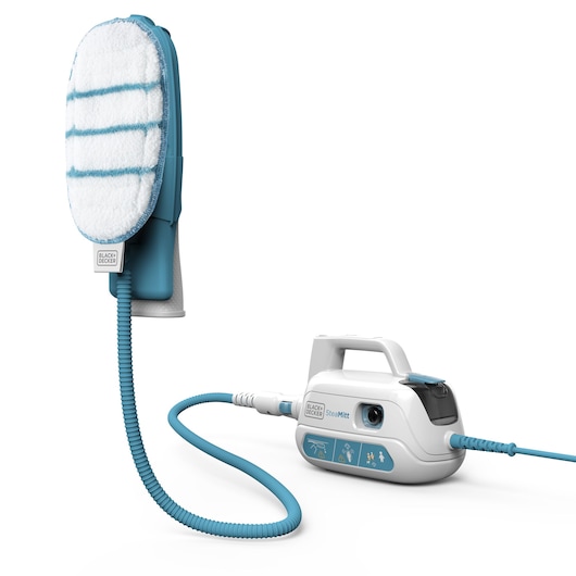 A BLACK+DECKER SteaMitt steam cleaning device with a blue and white mitt attached to a hose, shown connected to its base unit on a white background.