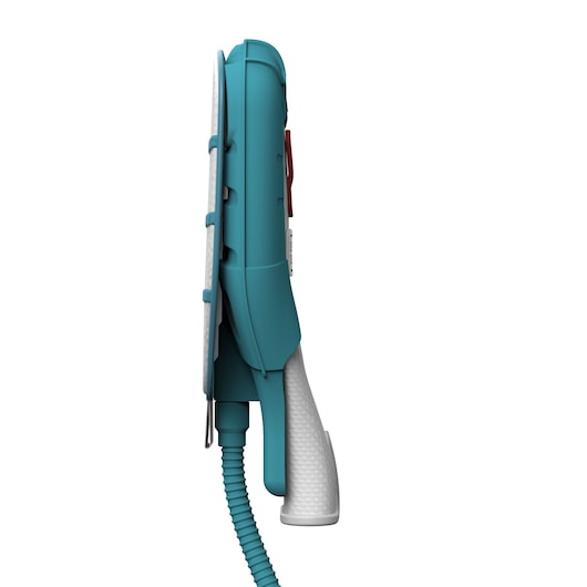 Side view of a teal and gray handheld steam cleaner appliance with a hose attachment, photographed against a white background.