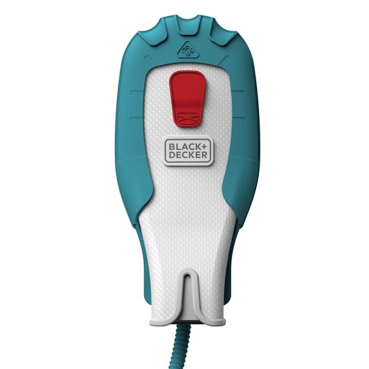 Close-up of a BLACK+DECKER handheld device with a turquoise blue and white body, a red button, and the brand logo on the front. The device features a textured grip and is connected to a cord.