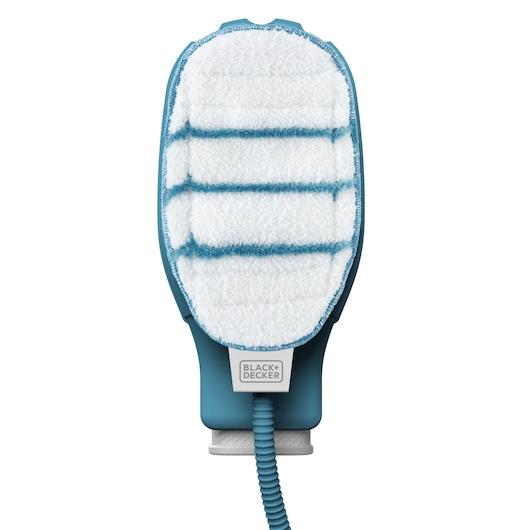 A BLACK+DECKER handheld cleaning device with a white and blue microfiber pad, designed for cleaning surfaces. The device has a cord and a rectangular head.