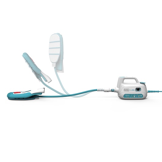 BLACKDECKER FSH10SM steam cleaner with handheld attachment, turquoise and white, side angle photo.