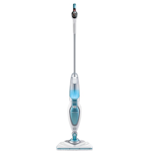 A BLACK+DECKER upright steam mop with a blue and white design, featuring a long handle and triangular cleaning head, suitable for floor cleaning.
