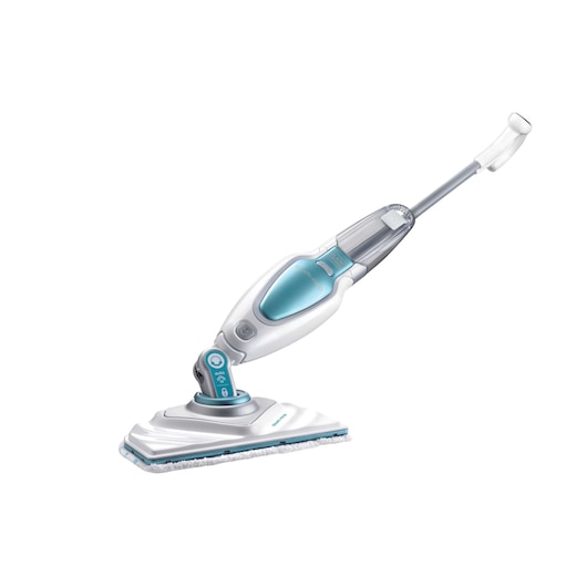 A BLACK+DECKER steam mop with a white and blue design, featuring a rectangular cleaning head and ergonomic handle.