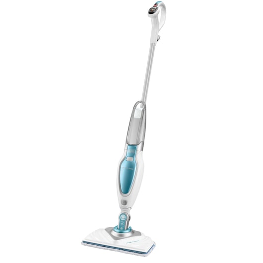 A BLACK+DECKER steam mop with a white and light blue design, featuring a rectangular cleaning pad and a long handle with control buttons.