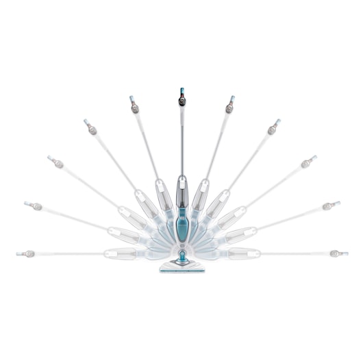A BLACK+DECKER steam mop FSM1630 shown with multiple positions of its handle, displaying its flexible movement range against a white background.