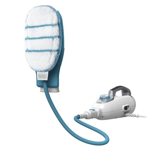 A BLACK+DECKER steam cleaning device featuring a handheld unit connected to a cleaning pad via a flexible blue hose. The cleaning pad is white with blue stripes, and the handheld unit is white with a black handle and blue accents.