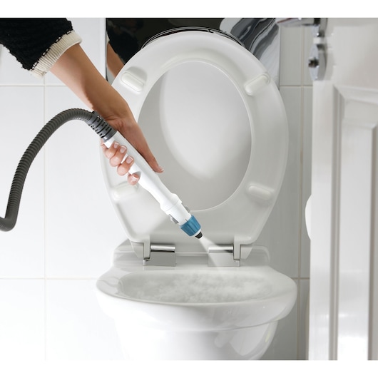 A person is using a steam cleaning device to sanitize the inside of a toilet bowl. The steam cleaner has a white and blue nozzle, and the toilet is white with the lid open.
