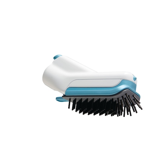 A close-up image of a BLACK+DECKER steam mop brush attachment, shown in white and blue colors with black bristles.