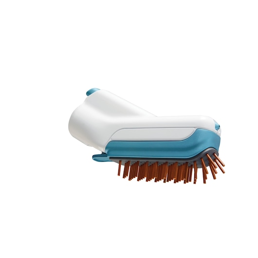 A close-up image of a BLACK+DECKER cleaning brush attachment with white, blue, and orange colors. The brush features multiple orange bristles and is designed for use with a compatible cleaning device.