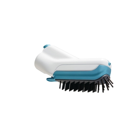 A close-up view of a BLACK+DECKER cleaning brush attachment with blue and white housing and black bristles, designed for use with steam mops.