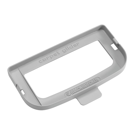 A rectangular, grey plastic carpet glider accessory for a BLACK+DECKER steam mop, with the brand name and 'carpet glider' embossed on its surface.