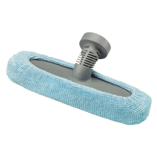 A close-up image of a rectangular steam mop head attachment with a blue microfiber cleaning pad and a grey plastic connector.