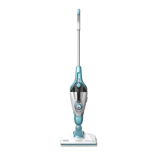 A BLACK+DECKER steam mop with a blue and white design, shown standing upright against a white background.