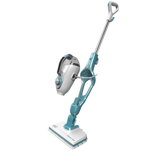 A BLACK+DECKER steam mop with a detachable handheld steamer, shown in a light blue and white color scheme.