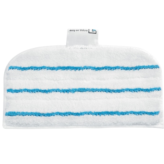 A white microfiber mop pad with blue horizontal stripes and a small fabric tab, designed for a steam cleaner.