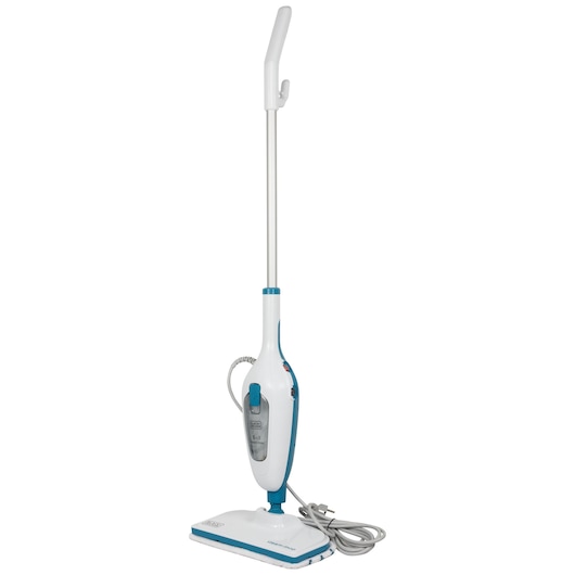 BLACKDECKER FSMH13E5 steam mop with white and blue body, photographed from the front on white background.