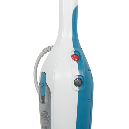 BLACKDECKER FSMH13E5 steam mop side view, white and blue body with visible power buttons and water tank.