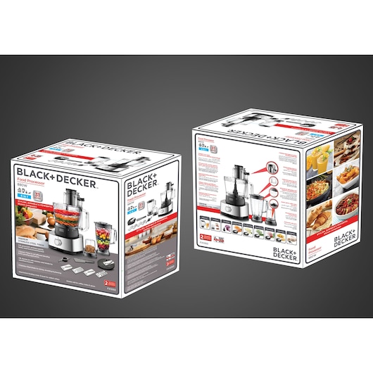 Photo of BLACK+DECKER FX1050 food processor packaging, showing product images, features, and food preparation uses.