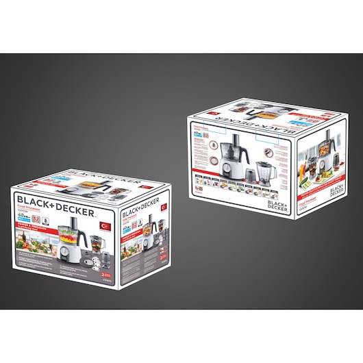 Photo of two BLACK+DECKER FX1075 food processor boxes showing product images, features, and accessories on packaging.