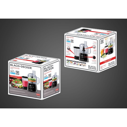 Photo of BLACK+DECKER FX400B-B9 food processor packaging, showing product image, features, and accessories on white boxes.