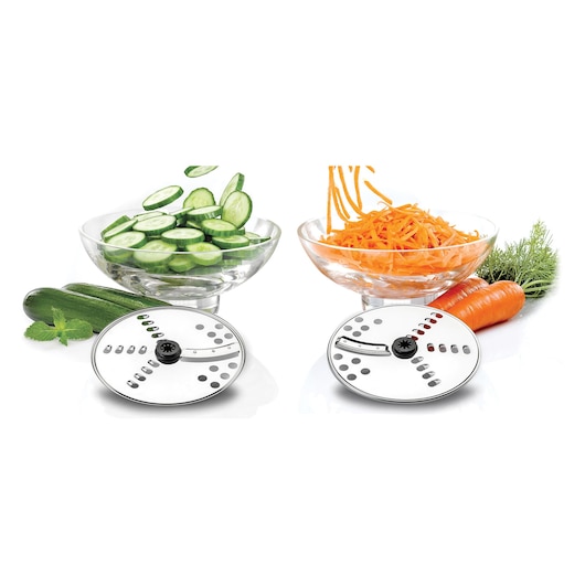 BLACKDECKER FX400B food processor slicing and shredding discs with bowls of sliced cucumber and shredded carrot, front angle.