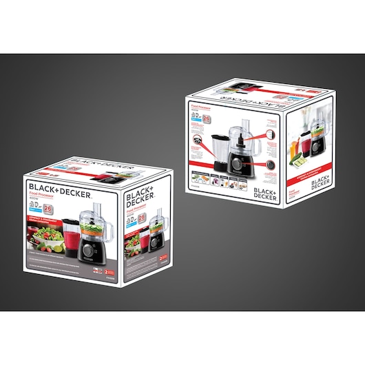 BLACK+DECKER FX400B food processor packaging, white box with product images, shown at two angles.