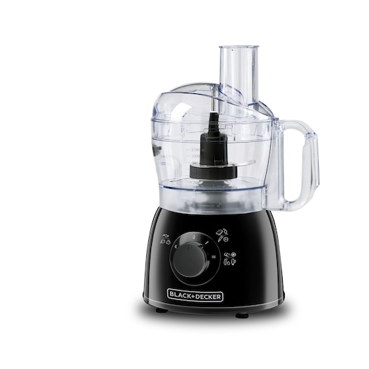 A BLACK+DECKER food processor with a transparent plastic bowl and lid, a handle, and a black base with a control dial.