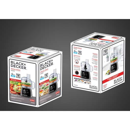 Photo of BLACK+DECKER FX400 kitchen robot box packaging, showing product image, features, and specifications.