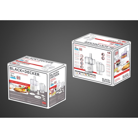 Photo of BLACK+DECKER FX760 multifunction food processor packaging, white box with product images and features, angled view.