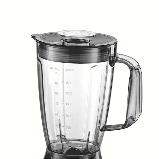 BLACKDECKER blender jar FX775, clear plastic with lid and handle, measurement markings, side angle photo.