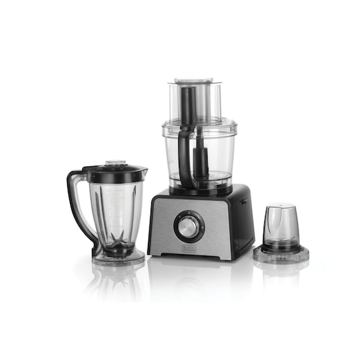BLACKDECKER FX810 food processor set, including main unit, blender jug, and grinder, front angle on white background.