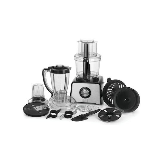 BLACKDECKER FX810 food processor with various attachments and accessories, photo on white background.
