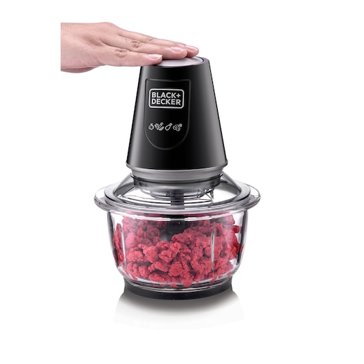BLACK+DECKER GC400 food chopper, black and clear glass, side angle, with hand pressing lid.