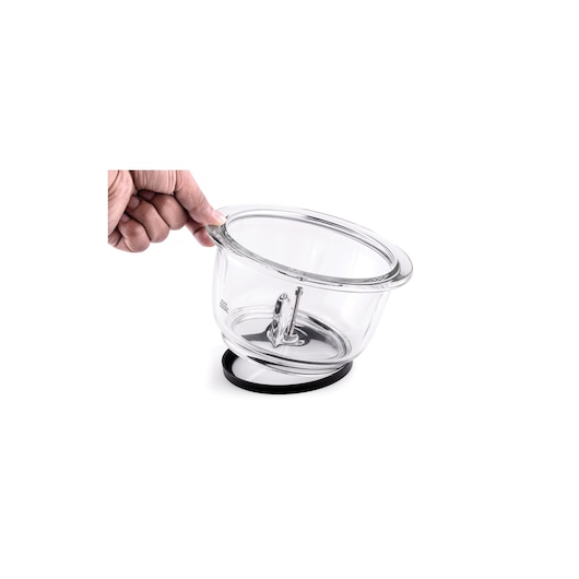 Photo of BLACKDECKER GC400 glass blender bowl with stainless steel blade, handle visible, on white background.