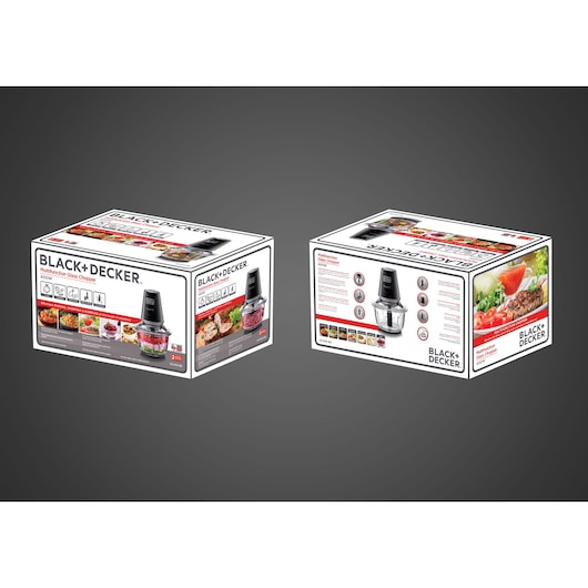 Photo of BLACK+DECKER GC400 multifunction glass chopper packaging, showing product images, features, and food photos.