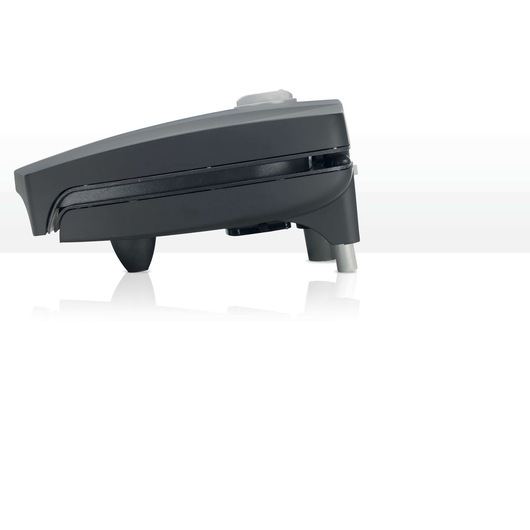 A side view of a Black+Decker sandwich maker with a sleek, modern design, primarily black with a silver accent on the front leg. The appliance is closed and positioned against a white background.