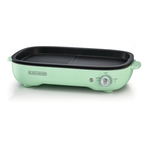 Photo of BLACK+DECKER GMF1400 mint green electric grill with non-stick griddle and temperature control, front angle.