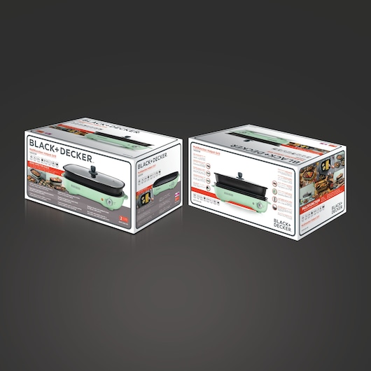 Photo of two BLACK+DECKER GMF1400 multi-function hotpot grill boxes, green appliance shown on packaging.