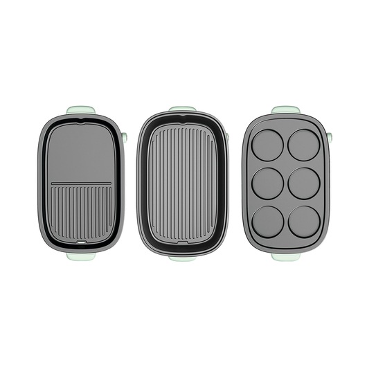 BLACKDECKER GMF1400 multi-plate electric grill photography, top view showing three interchangeable cooking plates.