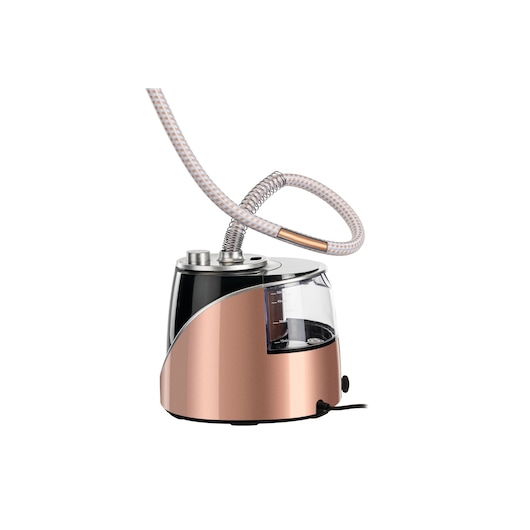 BLACKDECKER GST1600 garment steamer in rose gold and black, side angle, flexible hose, transparent water tank.